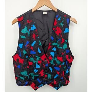 Vintage 80s Abstract Print Button Front Vest Size 16 Made in USA Boho Streetwear